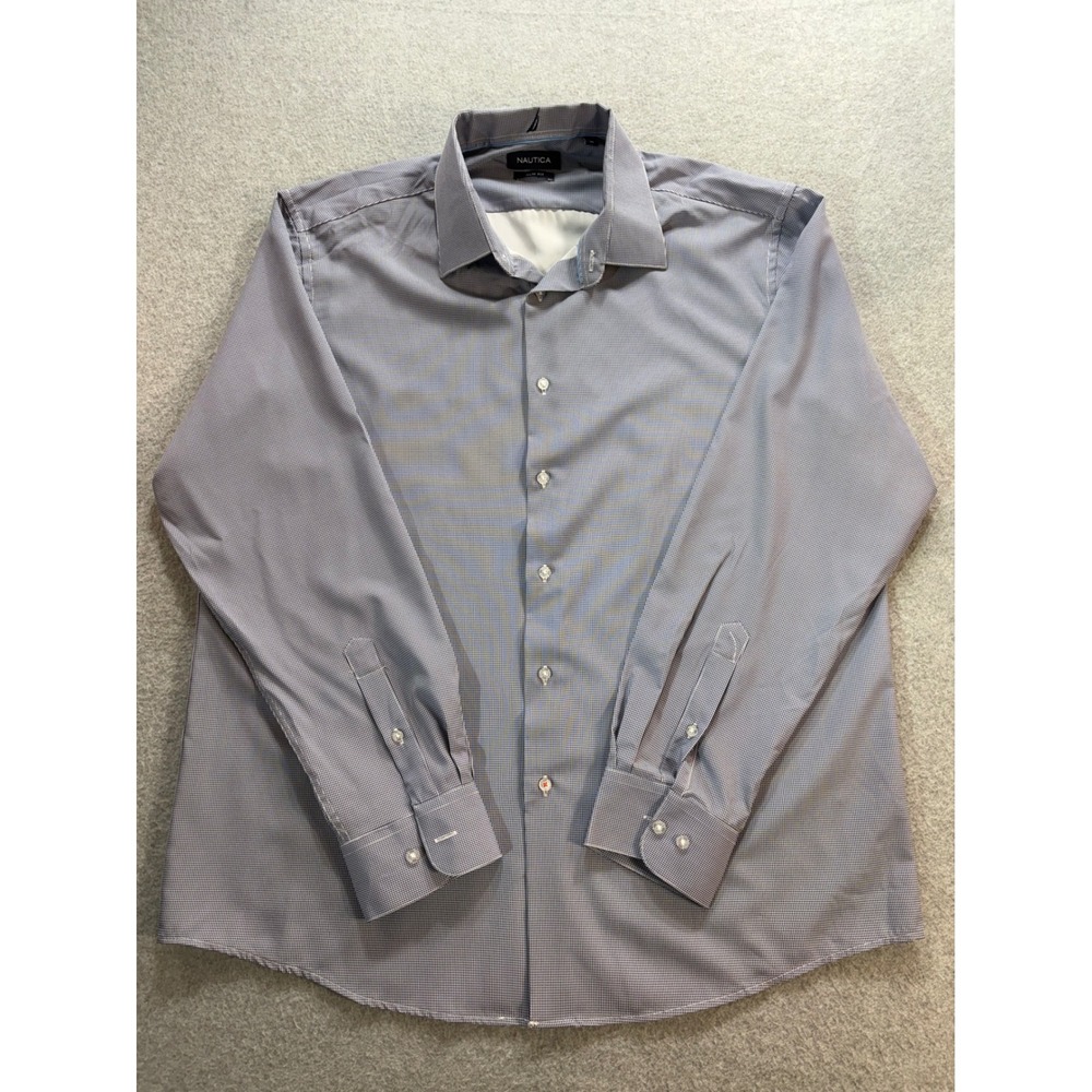Nautica Slim Fit Dress Shirt Mens XL Blue Micro Gingham Stretch Long Sleeve